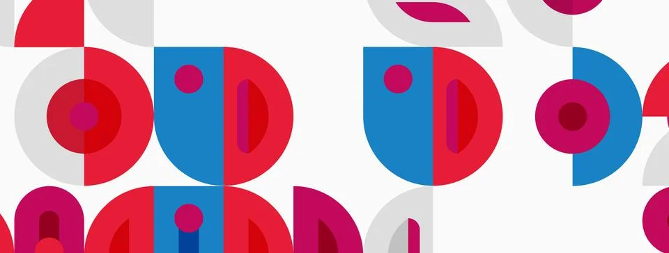 Abstract pattern features overlapping circles, semicircles. Red, blue, gray Stock Illustration