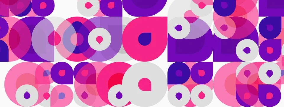 Abstract pattern features overlapping circles, varying sizes, pinks, purples, Stock Illustration