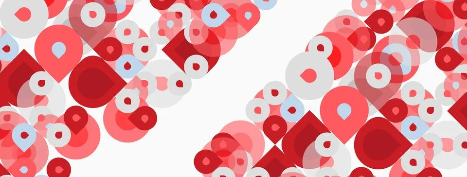 Abstract pattern features overlapping circles, squares. Red, blue, gray hues 스톡 일러스트