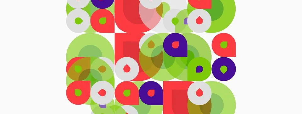 Abstract pattern features overlapping circles, squares. Colors include green, Stockillustratie