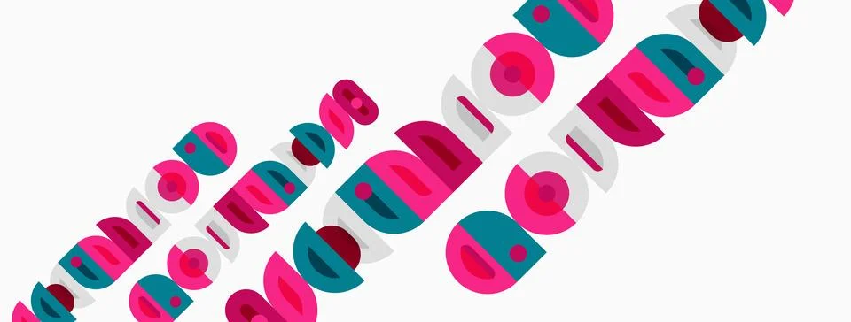 Abstract pattern features overlapping circles, vibrant pinks, teals. Diagonal 스톡 일러스트