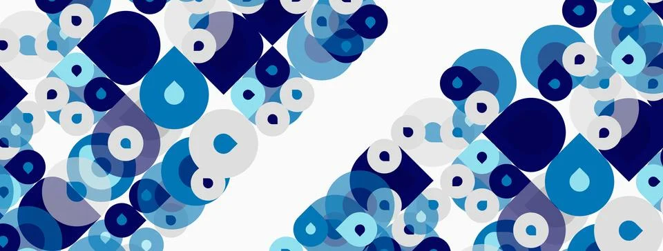Abstract pattern features overlapping circles, varying shades blue, white Illustrazione stock