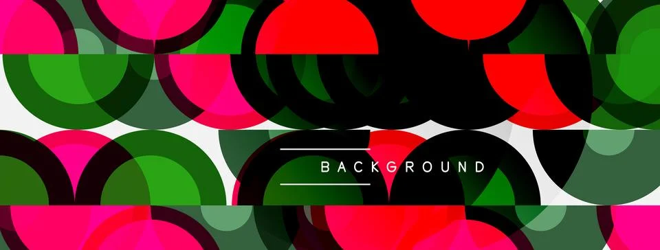 Abstract pattern features overlapping circles. Colors include pink, red, gree Stock Illustration