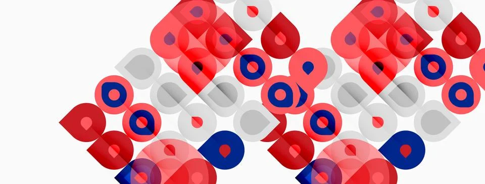 Abstract pattern features overlapping circles, red, blue, gray hues. Minimali Illustrazione stock