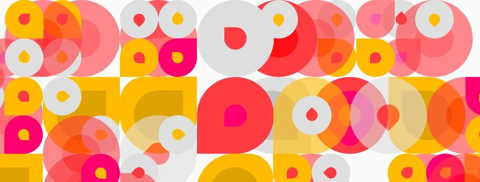Abstract pattern features overlapping circles, squares. Colors include pink, Stock Illustration