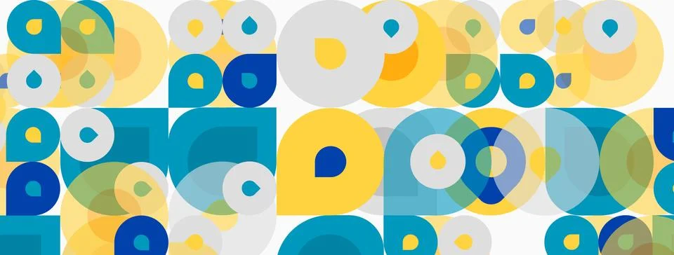 Abstract pattern features overlapping circles, squares. Colors include yellow 스톡 일러스트