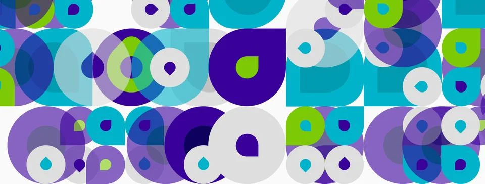 Abstract pattern features overlapping circles, vibrant blues, purples, greens Stock Illustration