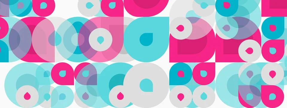 Abstract pattern features overlapping circles, squares. Pink, turquoise, whit Stock Illustration