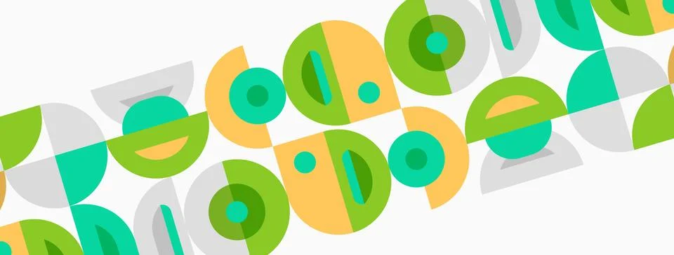 Abstract pattern features overlapping circles, squares. Colors include green, Stock Illustration