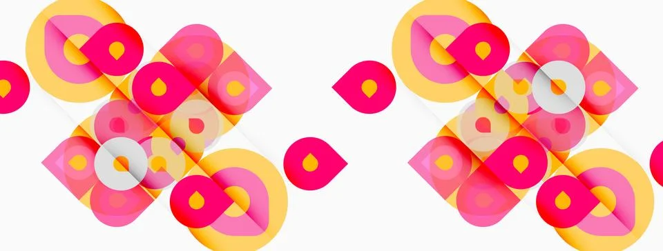 Abstract pattern features overlapping circles, squares. Pink, yellow, white.. Illustrazione stock
