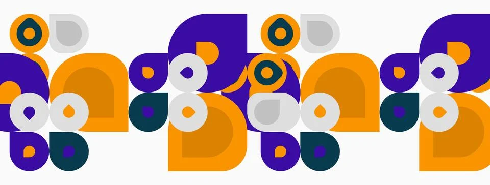 Abstract pattern features overlapping circles, squares, curved shapes. Colors Stock Illustration