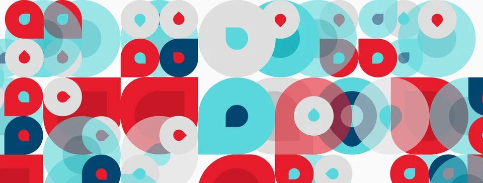 Abstract pattern features overlapping circles, squares. Red, turquoise, white 스톡 일러스트