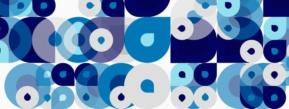 Abstract pattern features overlapping circles, squares. Shades range from lig Stock Illustration