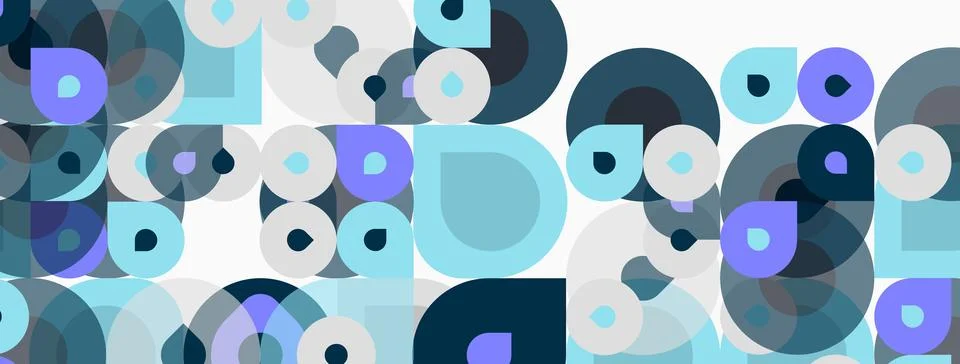 Abstract pattern features overlapping circles, varying shades blue, gray, w.. 스톡 일러스트