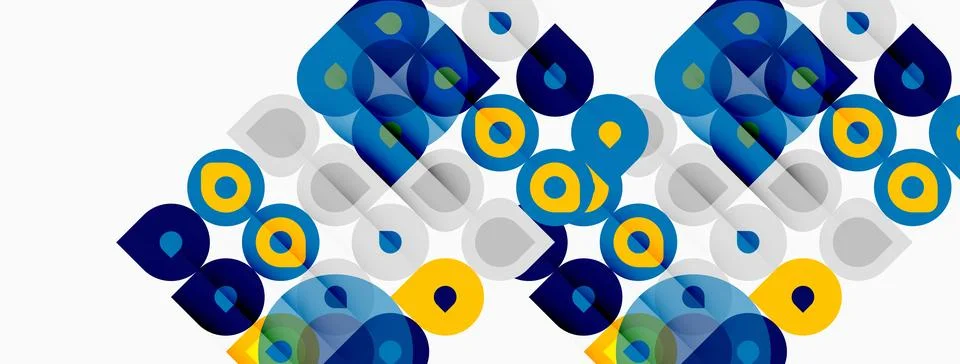 Abstract pattern features overlapping circles, varying hues. Blue, yellow, .. Stock Illustration