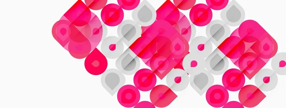 Abstract pattern features overlapping circles, squares. Pink, gray shapes c.. Illustrazione stock