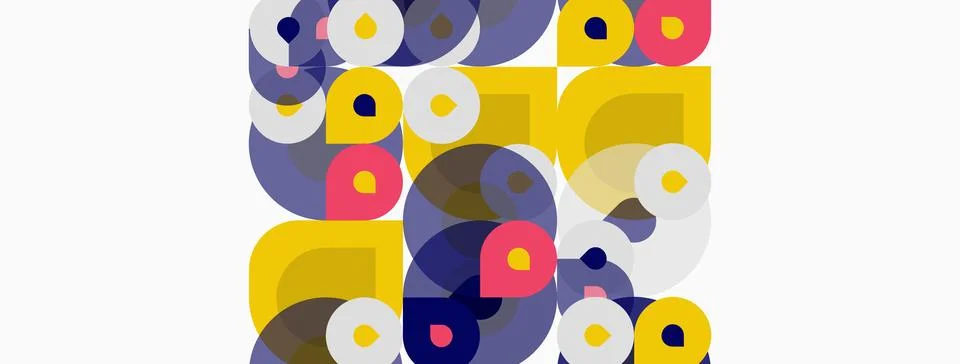 Abstract pattern features overlapping circles, squares. Colors include yellow 스톡 일러스트