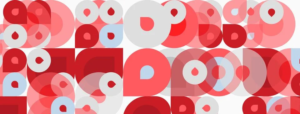 Abstract pattern features overlapping circles, squares. Red, white hues creat 스톡 일러스트