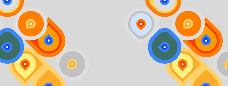 Abstract pattern features overlapping circles, curved shapes. Orange, blue hu Stock Illustration