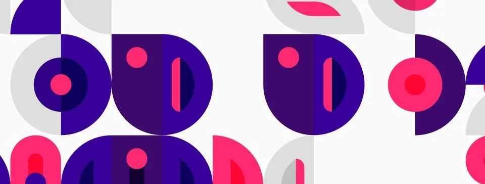 Abstract pattern features overlapping circles, semicircles. Purple, pink, gra Stock Illustration