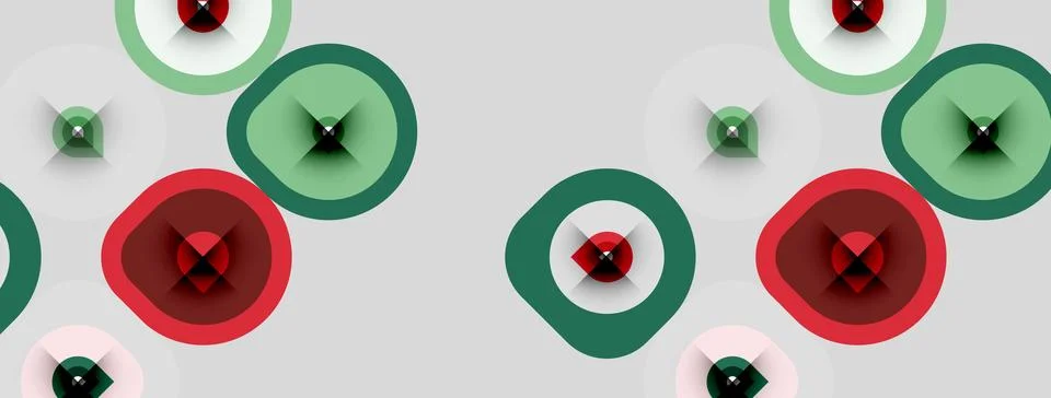 Abstract pattern features overlapping circles. Red, green hues dominate neutr Stock Illustration