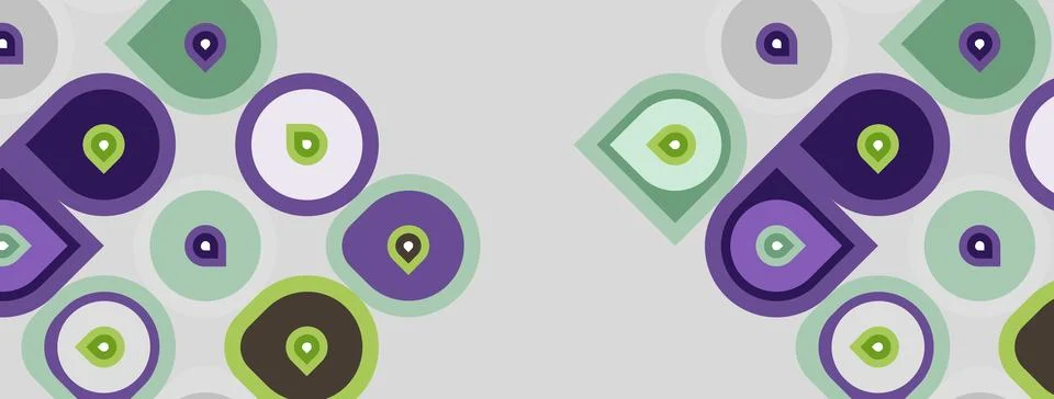 Abstract pattern features overlapping circles, squares. Colors include purple Illustrazione stock