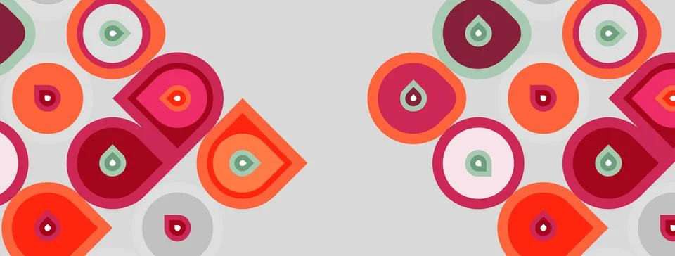 Abstract pattern features overlapping circles, squares, teardrop shapes. Colo 스톡 일러스트