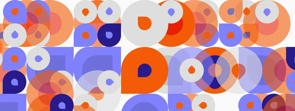 Abstract pattern features overlapping circles, squares. Orange, lavender hues Stock Illustration