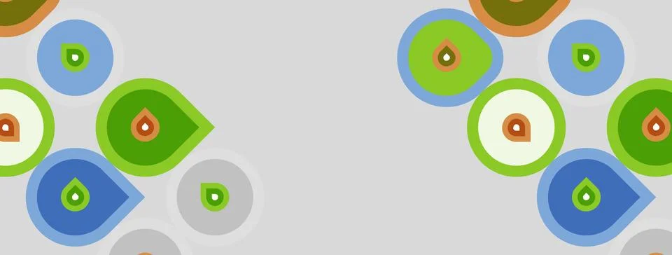 Abstract pattern features overlapping circles, leaves, drops. Soft colors c.. Illustrazione stock
