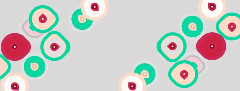 Abstract pattern features overlapping circles, squares. Colors include pink, Illustrazione stock