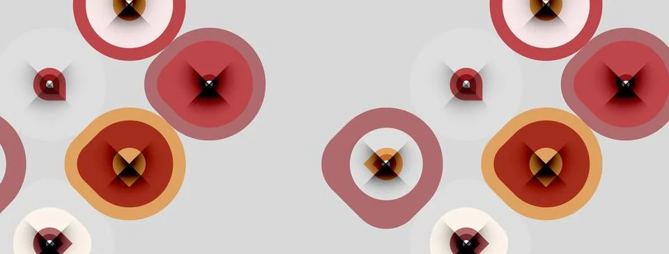 Abstract pattern features overlapping circles, varying shades red, gold, gray Stockillustratie