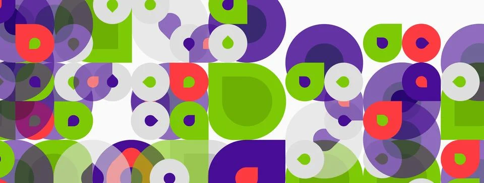 Abstract pattern features overlapping circles. Colors include purple, green, Illustrazione stock