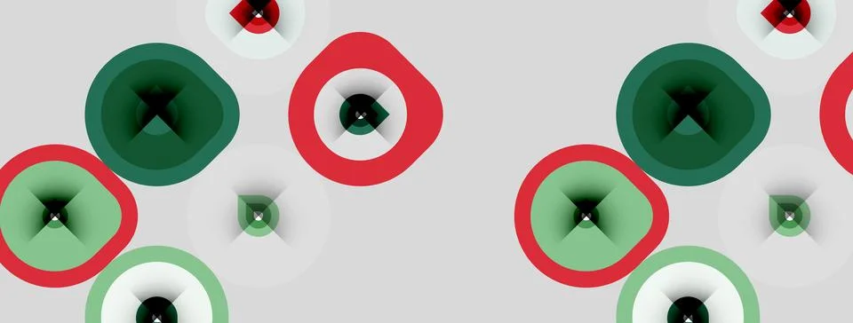 Abstract pattern features overlapping circles. Red, green, white hues dominat Illustrazione stock