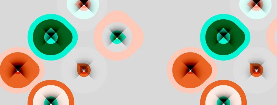 Abstract pattern features overlapping circles, varying colors, plus cross s.. Illustrazione stock