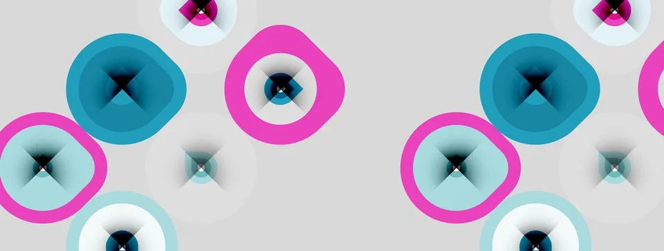 Abstract pattern features overlapping circles, pink, teal, white. Shapes crea Illustrazione stock