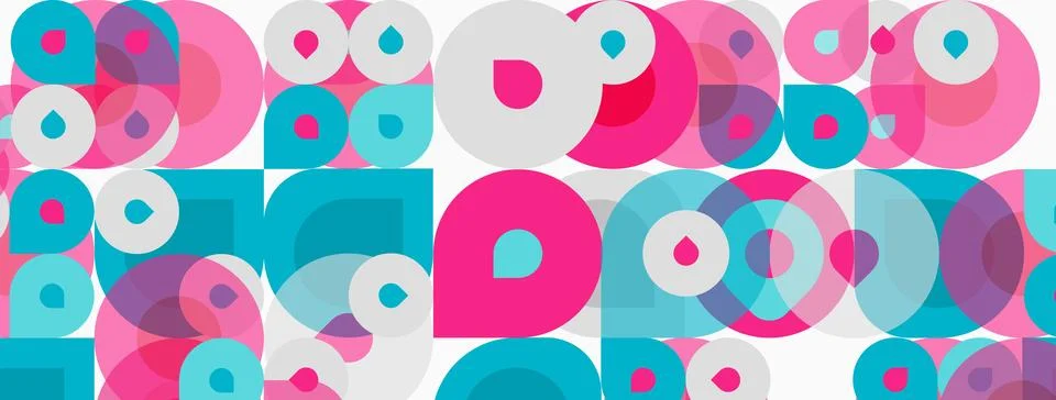 Abstract pattern features overlapping circles, squares. Pink, teal hues dom.. 스톡 일러스트