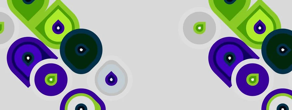 Abstract pattern features overlapping circles, teardrops, vibrant green, purp Stockillustratie