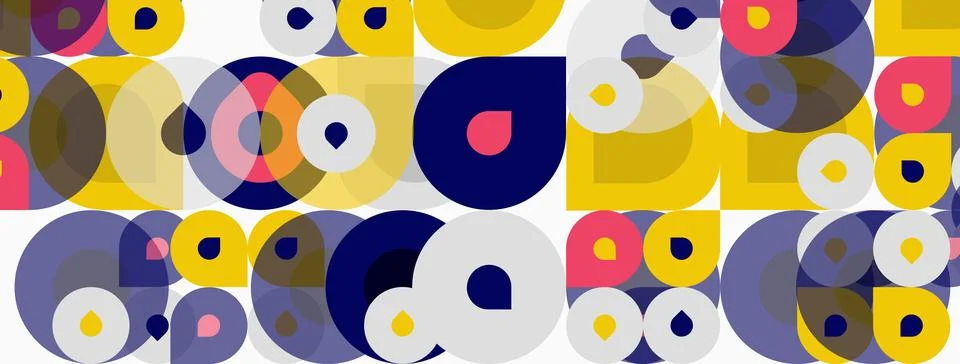 Abstract pattern features overlapping circles. Colors include blue, yellow,.. Illustrazione stock