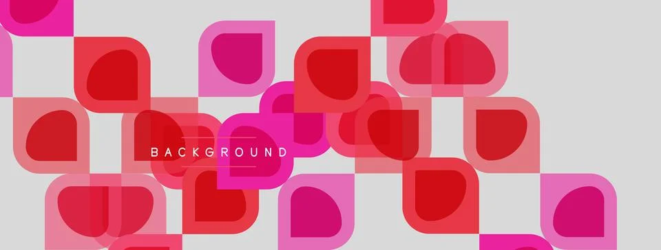 Abstract pattern features overlapping circles, squares. Pink, red hues domina 스톡 일러스트
