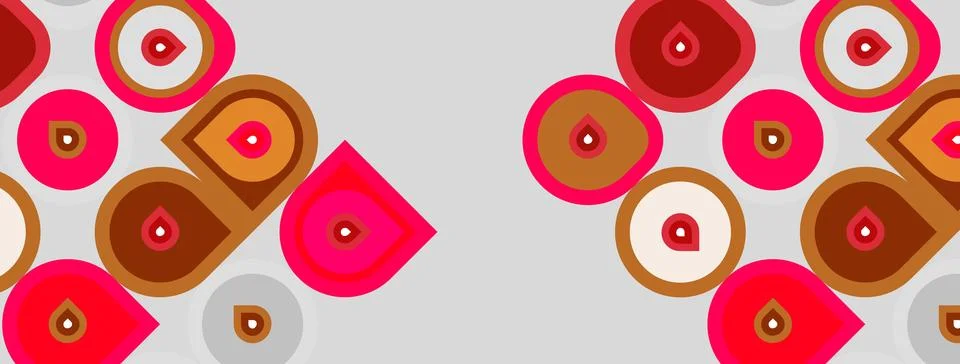 Abstract pattern features overlapping circles, squares, drops. Warm colors Illustrazione stock