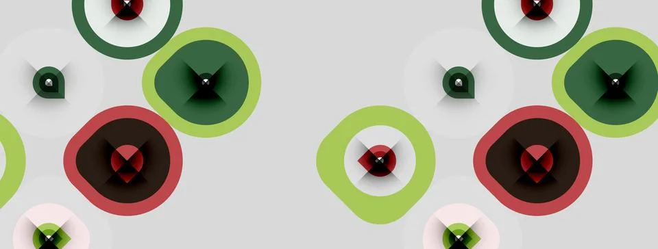 Abstract pattern features overlapping circles. Green, red hues dominate neutr Stock Illustration