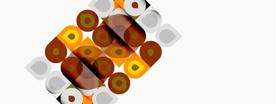 Abstract pattern features overlapping circles, squares. Warm colors dominate Stock Illustration