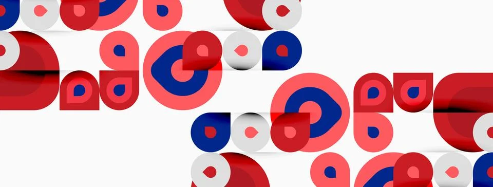 Abstract pattern features overlapping circles. Red, blue, white colors create Stock Illustration