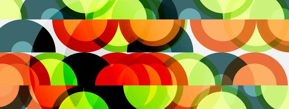 Abstract pattern features overlapping colorful semicircles. Green, orange, re Illustrazione stock
