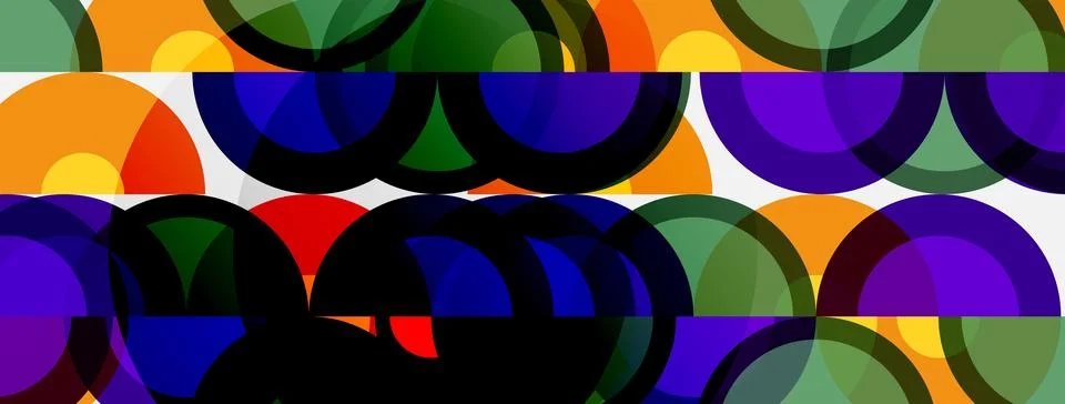 Abstract pattern features overlapping colorful arcs. Vibrant hues create dy.. Illustrazione stock