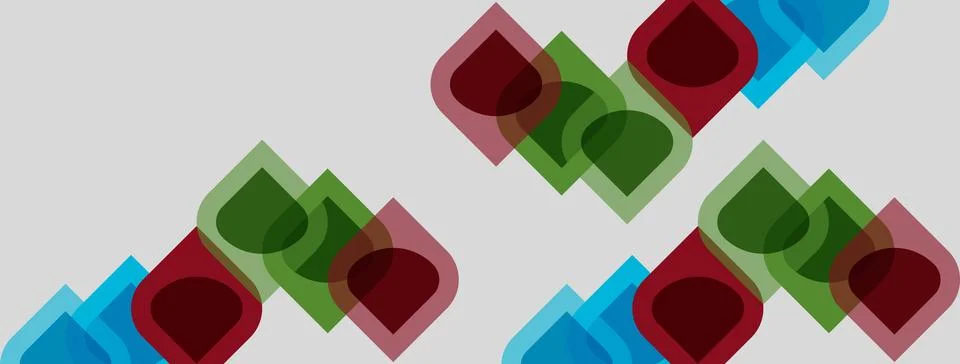 Abstract pattern features overlapping squares. Colors include red, green, blu Illustrazione stock