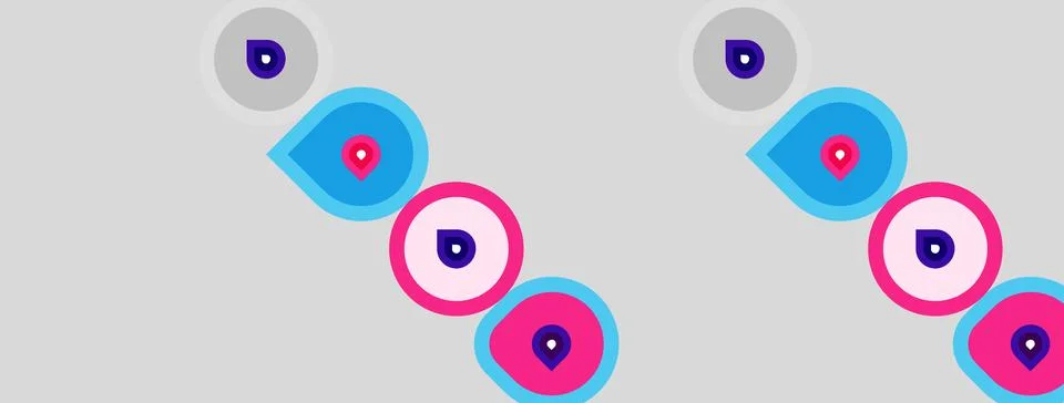 Abstract pattern features pink, blue circles with dark centers. Shapes repeat Stock Illustration