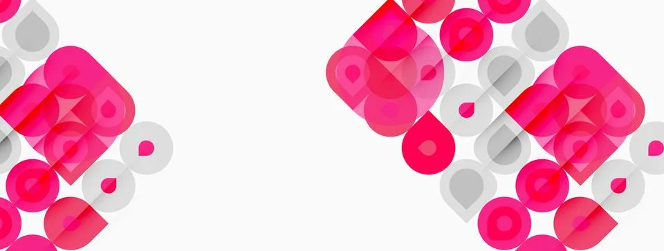 Abstract pattern features pink, gray circles, squares. Geometric shapes repea Illustrazione stock