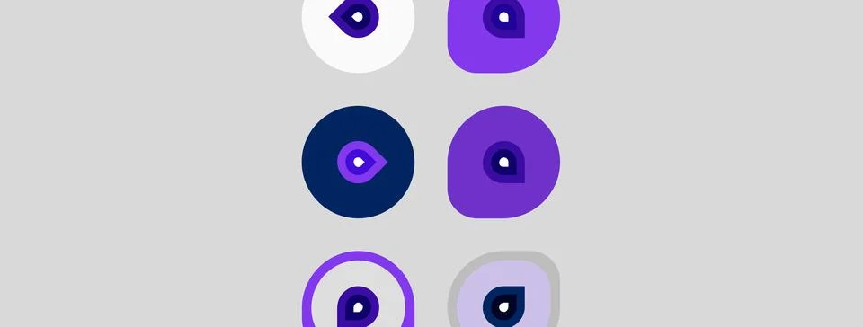 Abstract pattern features purple circles, varying sizes, white backgrounds. Illustrazione stock