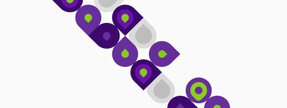 Abstract pattern features purple, green circles, gray lines. Diagonal Illustrazione stock